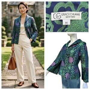 Grace Chuang Vintage 90s Silk Brocade Jacket Navy Green Frog Closure M Old Money